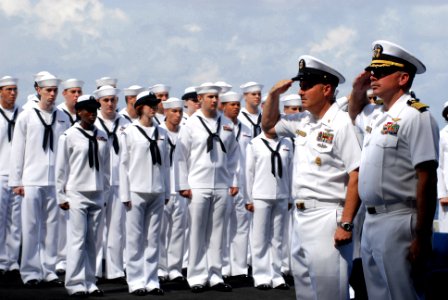 US Navy 080612-N-0640K-205 Capt. Ken J. Norton, commanding officer of the Nimitz-class aircraft carrier USS Ronald Reagan (CVN 76) and Command Master Chief Jim Delozier salute to pay respect during a burial-at-sea ceremony photo