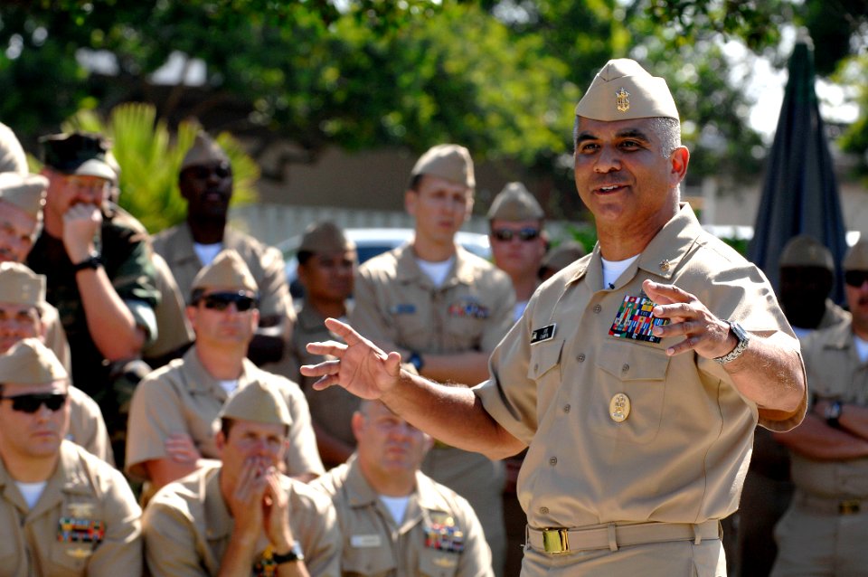 US Navy 080616-N-9818V-332 Master Chief Petty Officer of the Navy (MCPON) Joe R. Campa Jr. speaks to Chief Petty Officers assigned to Naval Special Warfare Command during a chief petty officers call at Naval Amphibious Base Cor