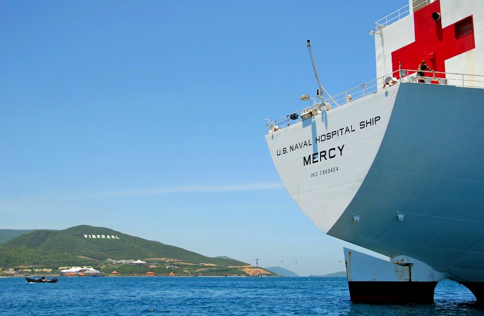 US Navy 080619-N-9689V-003 he Military Sealift Command hospital ship USNS Mercy (T-AH 19) is anchored off the coast of Nha Trang for a Pacific Partnership mission in the Socialist Republic of Vietnam