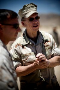 US Navy 080617-N-0696M-348 Adm. Mike Mullen, chairman of the Joint Chiefs of Staff speaks with Marines assigned to the Joint Improvised Explosive Device Defeat Organization