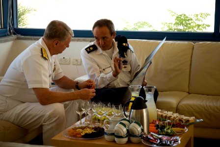US Navy 080621-N-8273J-017 Israeli Navy Vice Adm. Eli Marum, commander in chief, right, talks with Chief of Naval Operations (CNO) Adm. Gary Roughead, before visiting Haifa Naval Base