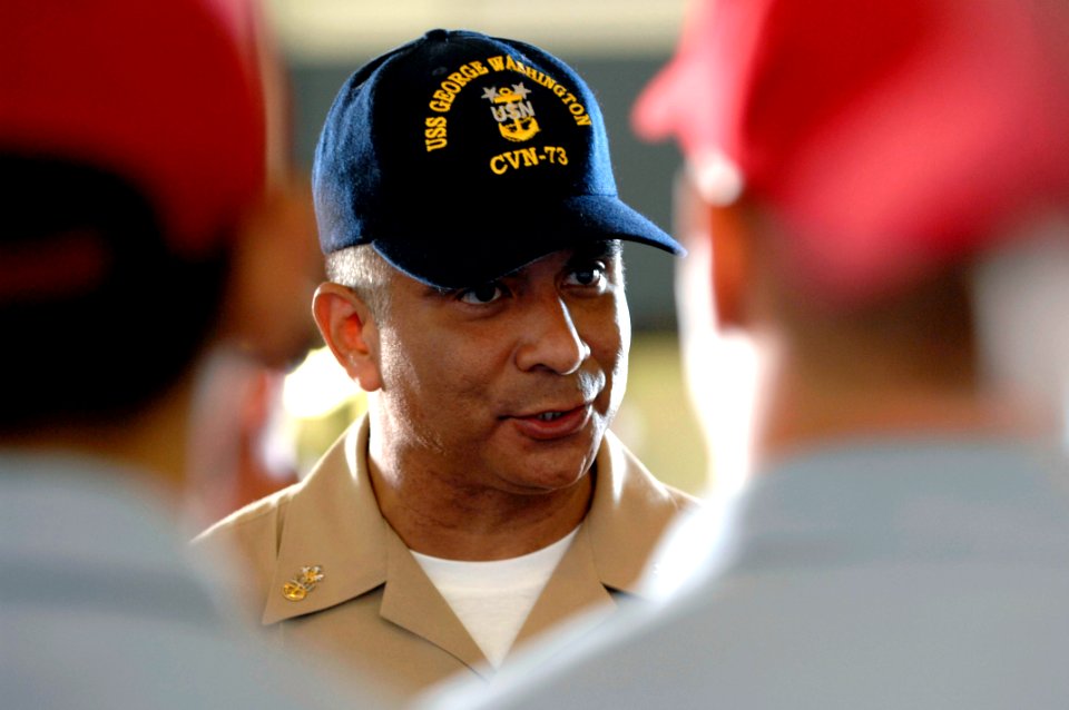 US Navy 080616-N-9818V-044 Master Chief Petty Officer of the Navy (MCPON) Joe R. Campa Jr. meets with flying squad team members assigned to the Nimitz-class aircraft carrier USS George Washington (CVN 73)