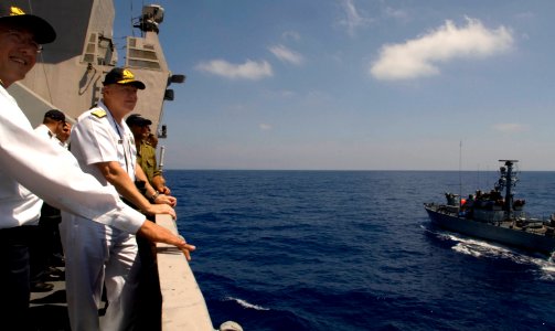 US Navy 080621-N-8273J-180 While aboard the Eilat-class corvette INS Lavhav (SAAR 502), Commander in Chief, Israeli Navy Vice Adm. Eli Marum, left, and Chief of Naval Operations (CNO) Adm. Gary Roughead receive a tour aboard th photo