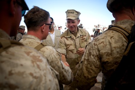 US Navy 080617-N-0696M-570 Adm. Mike Mullen, chairman of the Joint Chiefs of Staff, greets Marines participating in Exercise Mojave Viper, a 30-day immersion scenario designed to prepare them and Sailors for deployments