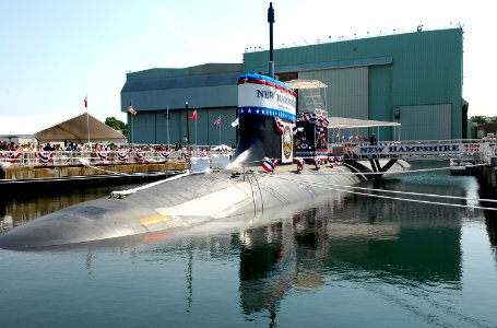 US Navy 080621-N-8467N-001 Pre-commissioning Unit New Hampshire (SSN 778) sits moored to the pier at General Dynamics Electric Boat shipyard moments before her christening ceremony commenced