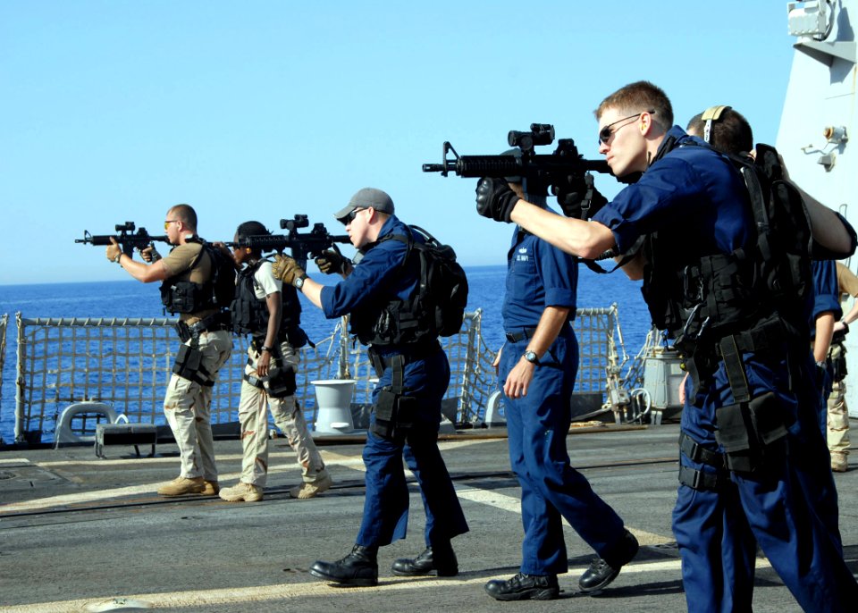 US Navy 080619-N-2838W-025 Members of the visit, board, search and seizure (VBSS) team aboard the guided-missile destroyer USS Bulkeley (DDG 84) practice essential gun-firing procedures with the MK-18 rifle