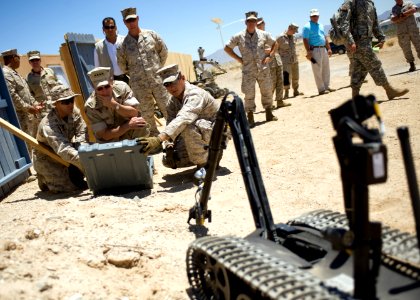 US Navy 080617-N-0696M-382 Adm. Mike Mullen, chairman of the Joint Chiefs of Staff, drives a robot used to detect and destroy improvised explosive devices