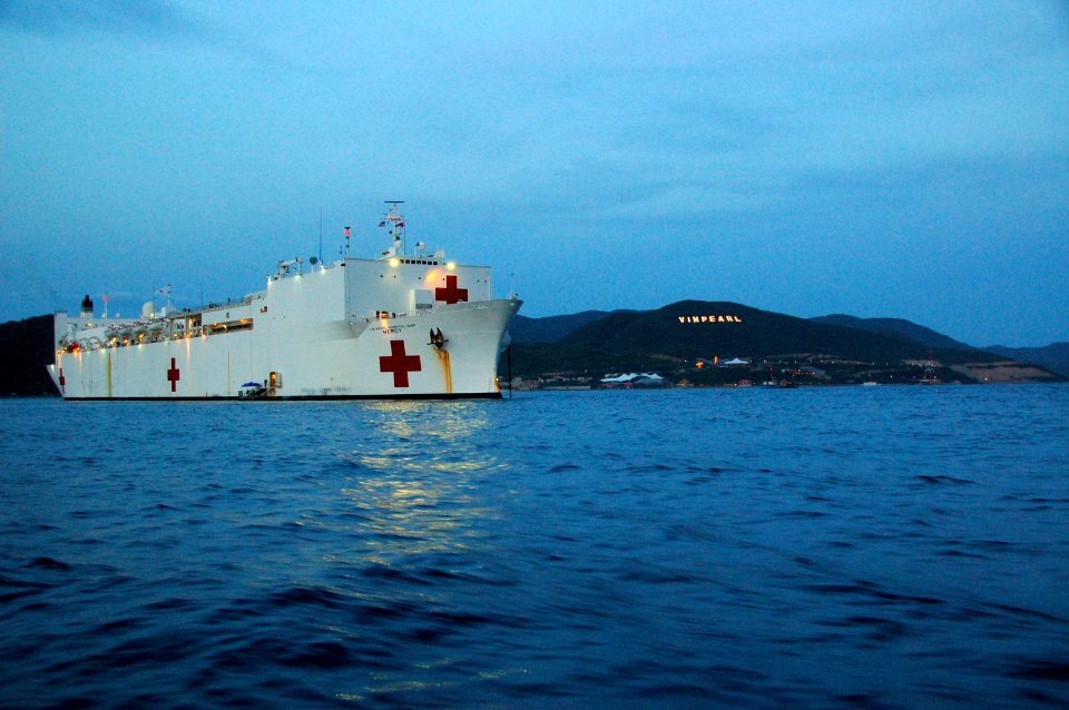 US Navy 080623-N-7498L-320 The Vinpearl Resort and Spa sign is displayed as the Military Sealift Command hospital ship USNS mercy (T-AH 19) is anchored off the coast of Nha Trang