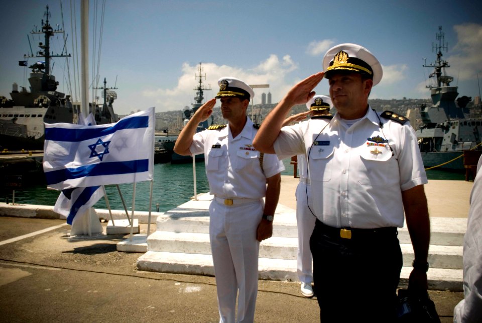US Navy 080621-N-8273J-115 Capt. Bill Moran, left, and Israeli Navy Capt. Azarel Ram render honors during an honors ceremony for Chief of Naval Operations (CNO) Adm. Gary Roughead