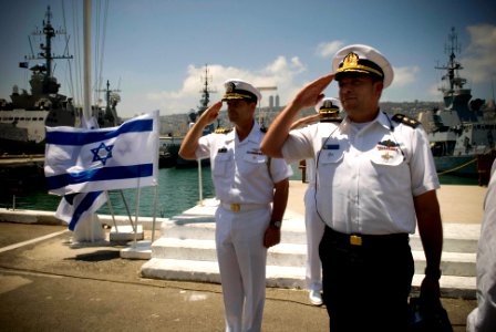 US Navy 080621-N-8273J-115 Capt. Bill Moran, left, and Israeli Navy Capt. Azarel Ram render honors during an honors ceremony for Chief of Naval Operations (CNO) Adm. Gary Roughead