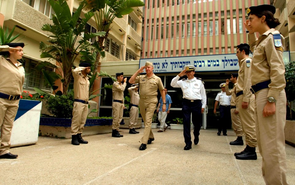 US Navy 080623-N-8273J-028 Chief of Naval Operations (CNO), Adm. Gary Roughead, left, and Commander in Chief, Israel Navy Vice Adm. Eli Marum, return salutes during departure honors at the Israel Naval Forces Headquarters