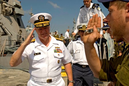 US Navy 080621-N-8273J-246 Debarking the Eilat-class corvette INS Lahav (SAAR 502), Chief of Naval Operations (CNO), Adm. Gary Roughead salutes members of the Israel Navy