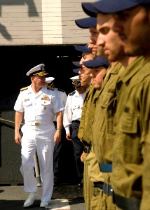 US Navy 080621-N-8273J-235 Sailors of the Israeli Navy stand at attention as Chief of Naval Operations (CNO), Adm. Gary Roughead prepares to debark the Eilat-class corvette INS Lahav (SAAR 502)
