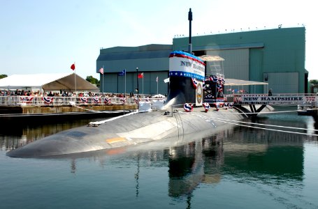 US Navy 080621-N-8467N-002 he Pre-Commissioning Unit (PCU) New Hampshire (SSN 778) is moored to the pier at General Dynamics Electric Boat shipyard in Groton moments before her christening ceremony