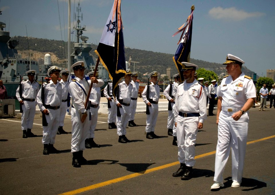 US Navy 080621-N-8273J-084 Chief of Naval Operations (CNO) Adm. Gary Roughead inspects the troops of the Israel Navy during an honors ceremony prior to getting underway with Eilat-class corvette INS Lavhav (SAAR 502)