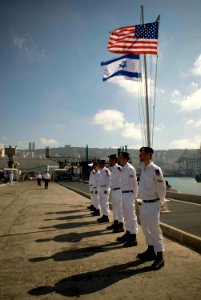 US Navy 080621-N-8273J-305 Sailors of the Israeli Navy prepare to render honors for Chief of Naval Operations (CNO), Adm. Gary Roughead during a visit to Haifa Naval Base
