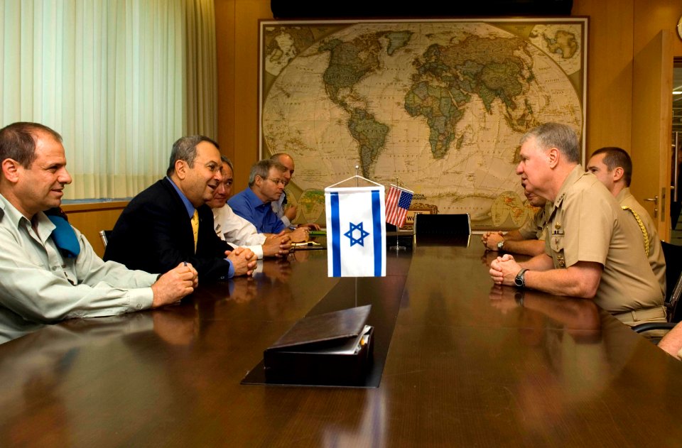 US Navy 080623-N-8273J-049 Chief of Naval Operations (CNO) Adm. Gary Roughead, right, meets with Israel Minister of Defense, Mr. Ehud Barak, center left, in Tel Aviv, Isreal