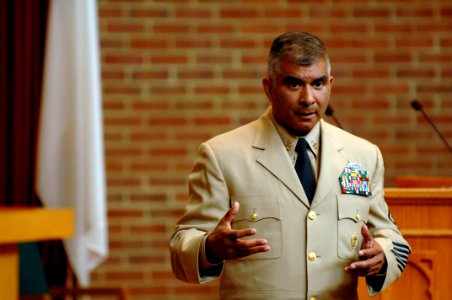 US Navy 080623-N-9818V-076 Master Chief Petty Officer of the Navy (MCPON) Joe R. Campa Jr. addresses the E-7 selection board photo