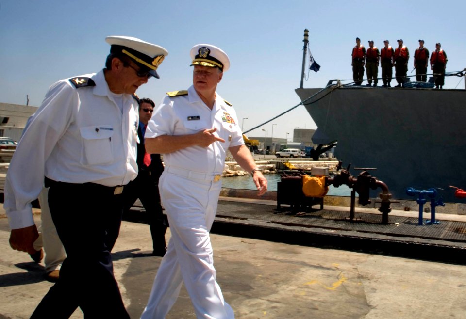 US Navy 080621-N-8273J-125 As Israeli Sailors prepare to get underway, Chief of Naval Operations (CNO) Adm. Gary Roughead, right, speaks with Israeli Navy Vice Adm. Eli Marum