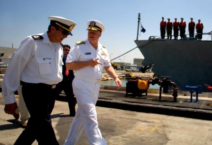 US Navy 080621-N-8273J-125 As Israeli Sailors prepare to get underway, Chief of Naval Operations (CNO) Adm. Gary Roughead, right, speaks with Israeli Navy Vice Adm. Eli Marum