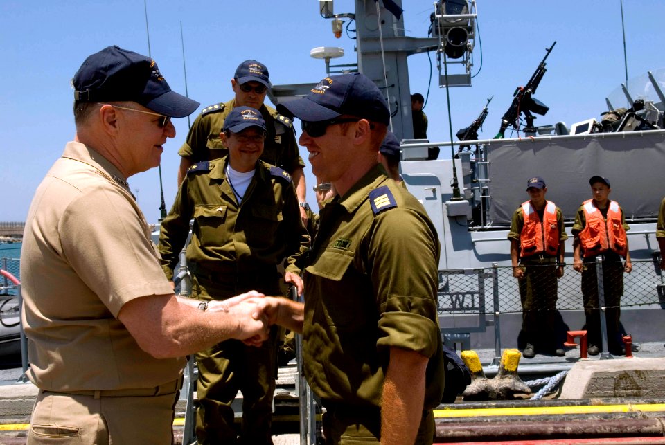 US Navy 080623-N-8273J-310 Chief of Naval Operations (CNO) Adm. Gary Roughead thanks senior crew members assigned to a Israel Navy Shaldag Mk-II class Fast Patrol Boat following a short underway tour of the vessel