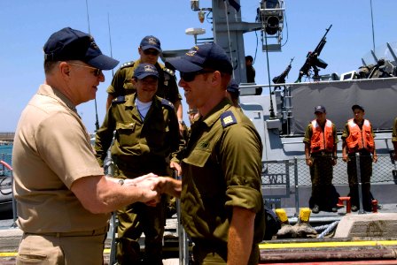 US Navy 080623-N-8273J-310 Chief of Naval Operations (CNO) Adm. Gary Roughead thanks senior crew members assigned to a Israel Navy Shaldag Mk-II class Fast Patrol Boat following a short underway tour of the vessel
