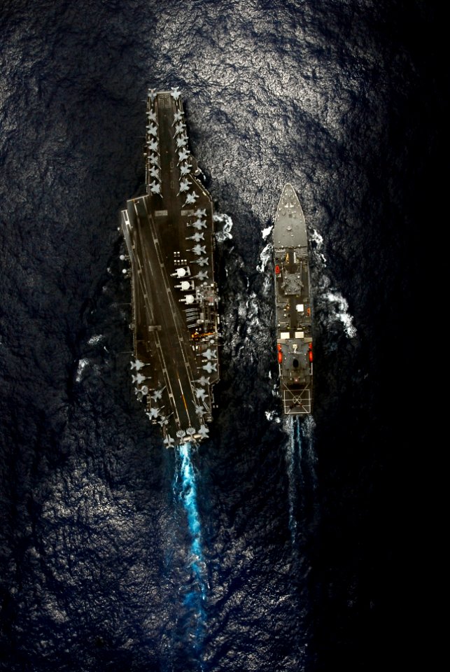 US Navy 080626-N-1038M-297 The aircraft carrier USS Kitty Hawk (CV 63) receives fuel from the Military Sealift Command fleet replenishment oiler USNS Guadalupe (T-AO 200) while steaming through the central Pacific Ocean