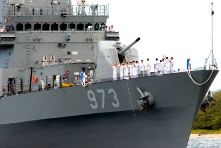 US Navy 080624-N-9671T-168 Korean sailors aboard the Republic of Korea Ship (ROKS) Yang Monchoon (DDH 973) wave to observers as the ship pulls into Pearl Harbor for the Rim of the Pacific (RIMPAC) 2008 Exercise