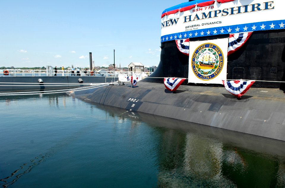 US Navy 080621-N-8467N-013 PCU New Hampshire (SSN 778) sits moored to the pier at General Dynamics Electric Boat shipyard in Groton after being christened by sponsor Cheryl McGuinness