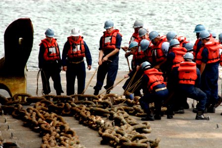 US Navy 080625-N-4790M-110 The Deck Department Sailors assigned to the amphibious command ship USS Blue Ridge (LCC 19) fake out three shots of the starboard side anchor chain