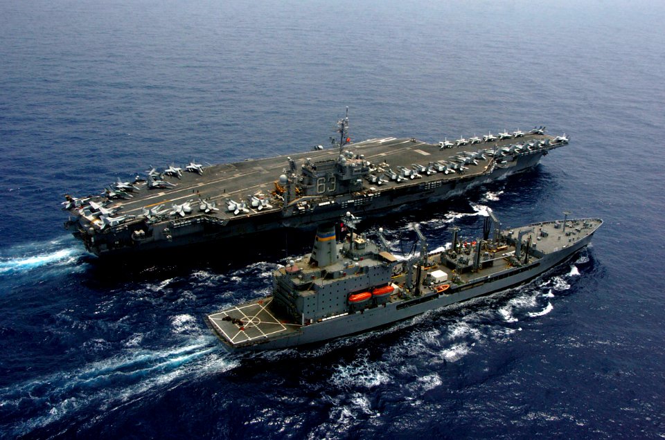 US Navy 080626-N-1038M-408 The aircraft carrier USS Kitty Hawk (CV 63) receives fuel from USNS Guadalupe (T-AO 200) while steaming through the central Pacific Ocean