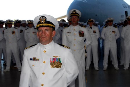 US Navy 080627-N-3289C-080 Cmdr. Robert Brown, executive officer for Naval Station Rota, stands in formation during a change of command ceremony for U.S. Naval Activities Spain photo