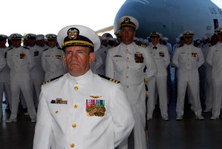 US Navy 080627-N-3289C-080 Cmdr. Robert Brown, executive officer for Naval Station Rota, stands in formation during a change of command ceremony for U.S. Naval Activities Spain