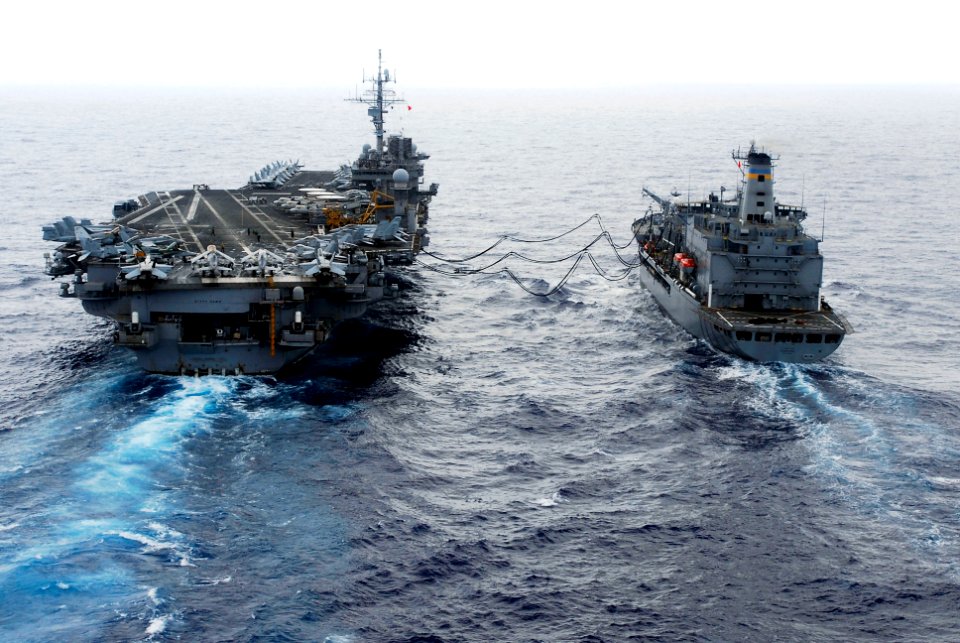 US Navy 080626-N-1038M-080 The aircraft carrier USS Kitty Hawk (CV 63) receives fuel from the Military Sealift Command fleet replenishment oiler USNS Guadalupe (T-AO 200) while steaming through the central Pacific Ocean