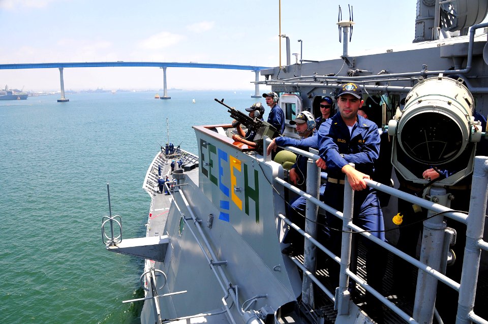 US Navy 080627-N-4774B-814 Sailors aboard the guided-missile cruiser USS Lake Champlain (CG 57) maintain security and safety watches as the ship approaches the Coronado Bay Bridge