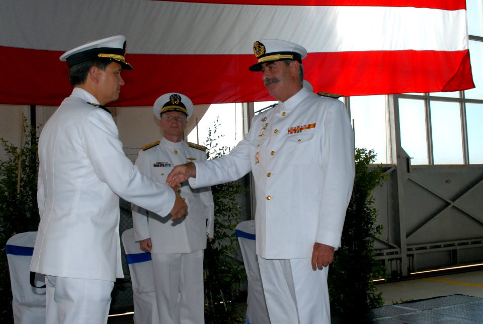 US Navy 080627-N-3289C-097 Spanish Rear Adm. Jose Maria Pelluz Alcantud, admiral in Charge of Naval Base Rota, congratulates Capt. Earl K. Hampton Jr