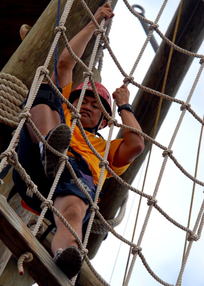 US Navy 080627-N-4965F-280 Chief Culinary Specialist Joseph Macias climbs the Alpine Tower during a chief petty officer (CPO) and CPO board eligible first class petty officer physical training session