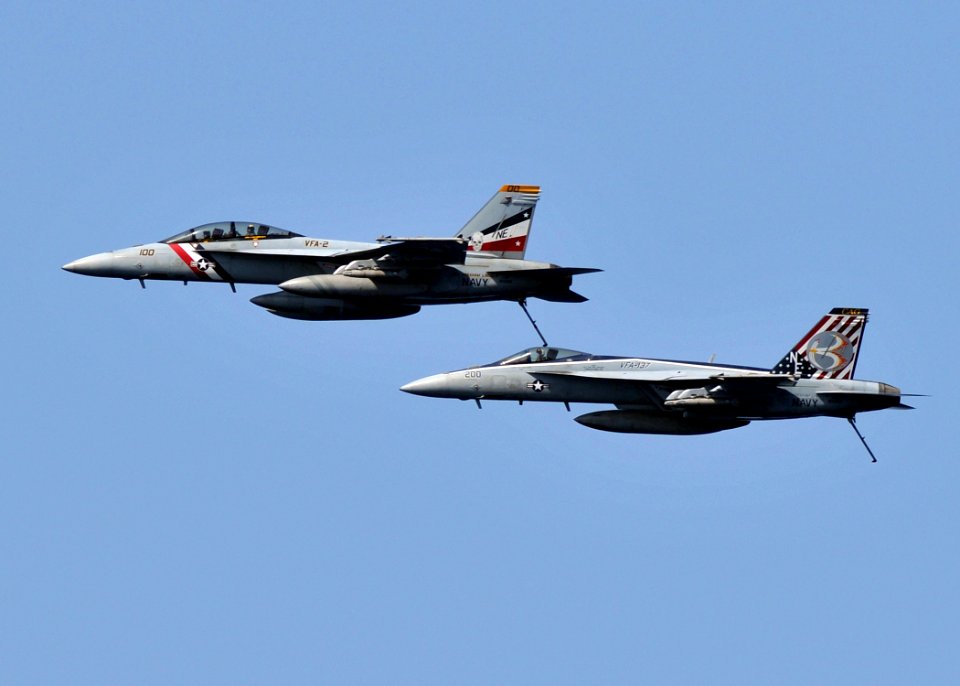 US Navy 080627-N-7981E-193 Two F-A-18E-F Super Hornets fly over Abraham Lincoln