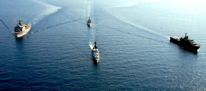US Navy 080629-G-9409H-602 U.S. Navy and Republic of Singapore ships steam through the South China Sea