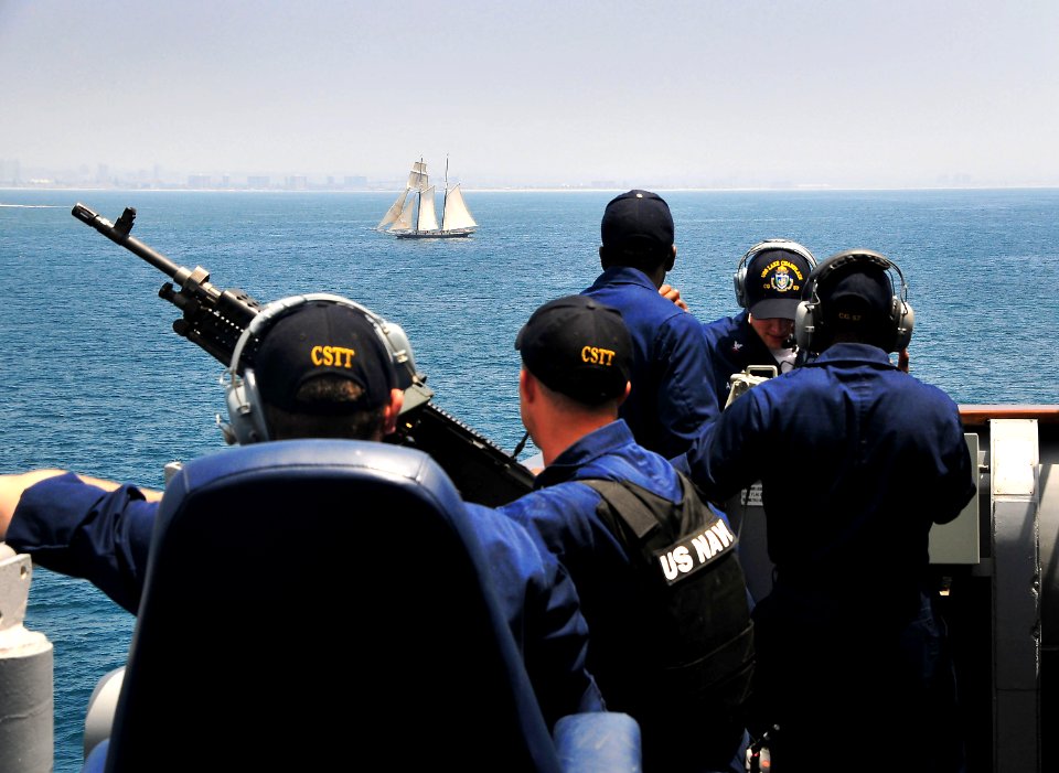 US Navy 080627-N-4774B-626 Sailors assigned to the guided-missile cruiser USS Lake Champlain (CG 57) observe the historic tall ship