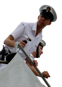 US Navy 080627-N-6674H-103 A Sailor aboard the Royal Australian Navy amphibious ship HMAS Tolbrook (LSH 50) stands watch as the ship moors pier-side at Naval Station Pearl Harbor for this year's Rim of the Pacific (RIMPAC) 2008 photo