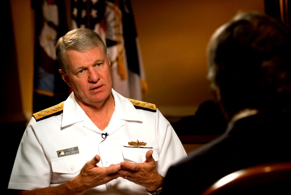 US Navy 080702-N-8273J-152 Chief of Naval Operations (CNO) Adm. Gary Roughead is interviewed by Mr. Yoshiki Hidaka of Japan's nationally known television show
