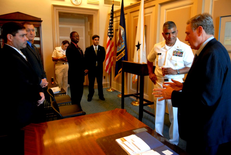 US Navy 080627-N-9818V-018 Master Chief Petty Officer of the Navy (MCPON) Joe R. Campa Jr. talks to Rear Adm. John Eisold and Sailors assigned to the Office of the Attending Physician, United States Congress