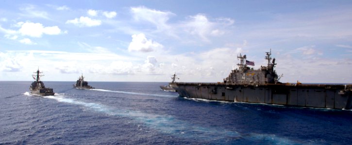 US Navy 080705-N-3316L-089 he amphibious assault ship USS Nassau (LHA 4), the guided-missile cruiser USS Philippine Sea (CG 58) and the guided-missile destroyer USS Bulkeley (DDG 84) steam in formation in the Atlantic Ocean photo