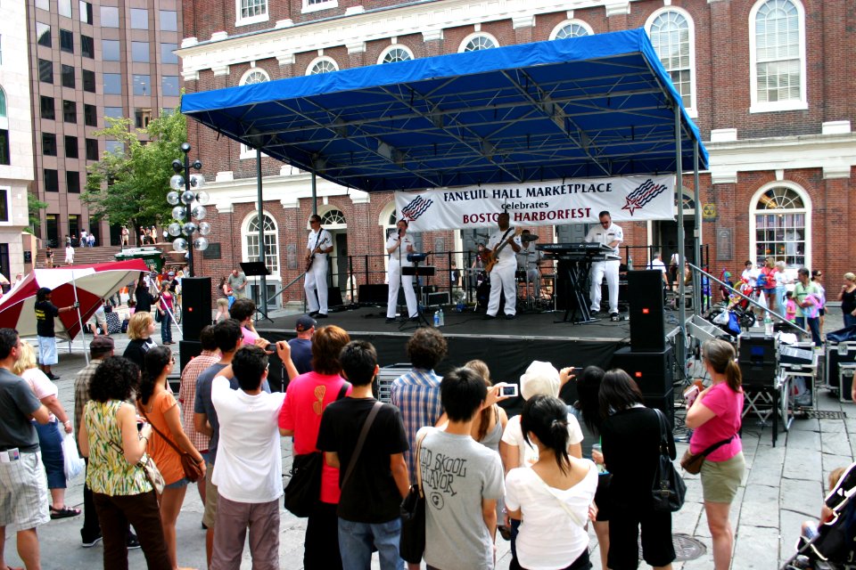 US Navy 080701-N-8110K-096 The Navy rock band, Rhode Island Sound, performs at the historic Quincy market in Boston on the opening day of Boston Navy Week