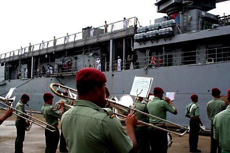 US Navy 080707-N-0096V-078 The Royal Malaysian Armed Forces band welcomes the USS Tortuga (LSD 46) as she pulls into Kuantan during the fourth phase of Cooperation Afloat Readiness and Training (CARAT) 2008