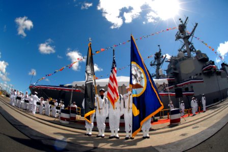 US Navy 080703-N-4965F-185 Sailors assigned to the Arleigh Burke-class guided-missile destroyer USS Hopper (DDG 70) parade the colors