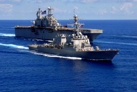 US Navy 080705-N-5712P-126 The guided missile destroyer USS Ross (DDG 71) and the amphibious assault ship USS Nassau (LHA 4) transit westward in the Atlantic Ocean as part of the Nassau Strike Group