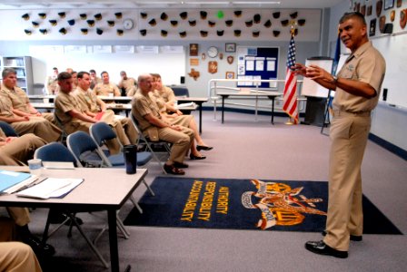 US Navy 080707-N-9818V-014 Master Chief Petty Officer of the Navy (MCPON) Joe R. Campa Jr. speaks to students attending the Prospective Commanding Officer, Prospective Executive Officer class