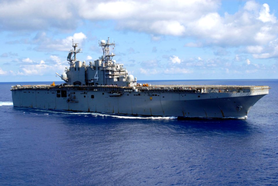 US Navy 080705-N-5712P-318 The amphibious assault ship USS Nassau (LHA 4), the flagship of the Nassau Expeditionary Strike Group, transits westward in the Atlantic Ocean
